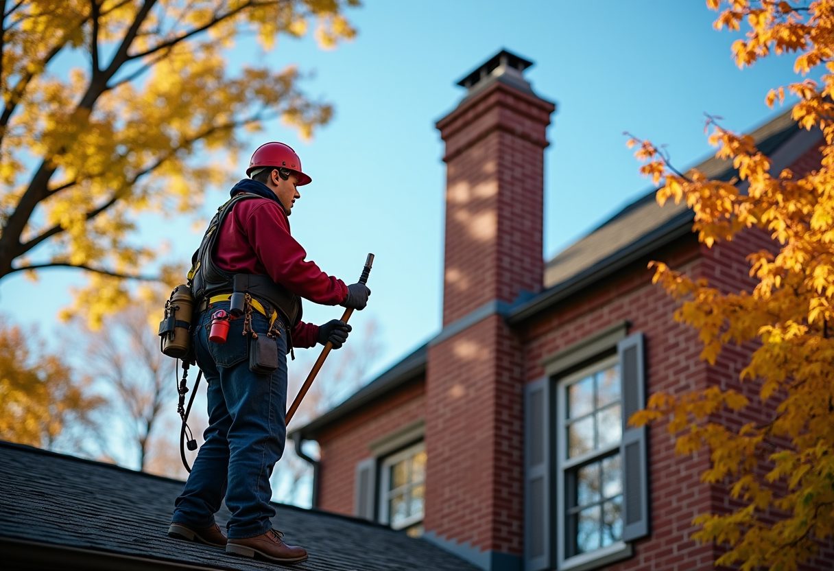 Chimney sweep on the roof of a brick colonial home — Laurel